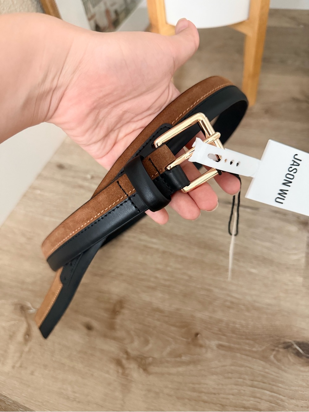 NWT Jason Wu Colorblock Genuine Leather Skinny Belt Black Brown Gold L